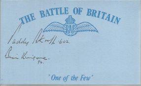 B Kingcombe 92 Sqn and Paddy Barthropp 602 Sqn Battle of Britain signed index card. Good condition