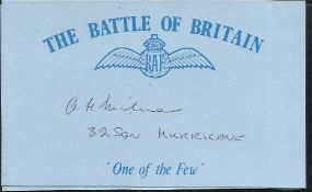 A H Milnes 32 Sqn Hurricanes Battle of Britain signed index card. Good condition