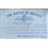 A E Gregory 219 Sqn Battle of Britain signed index card. Good condition