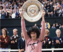 Virginia Wade signed 10x8 colour photo. Seen here with Wimbledon winner s trophy in 1977.  Good