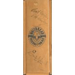 Unusual wooden boxed bottle of Whitbread Celebration Ale, autographed directly on the box by two