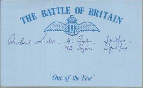 R C F Lister 41 and 92 Sqns Battle of Britain signed index card. Good condition