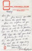 Geoff Twentyman signed note on Liverpool F C headed paper.  Couple of creases