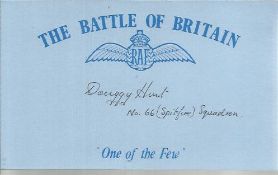 Douggy Hunt 66 Sqn Spitfires Battle of Britain signed index card. Good condition