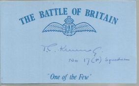 T L Kumiega 17 Sqn Battle of Britain signed index card. Good condition