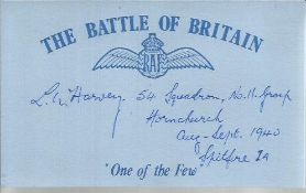 L W Harvey 54 Sqn Battle of Britain signed index card. Good condition