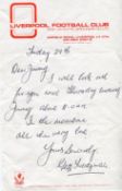 Geoff Twentyman signed note on Liverpool F C headed paper.  Slight crease