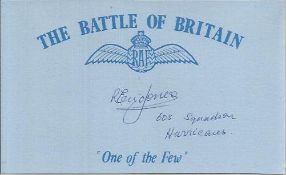 R E Jones 605 Sqn Battle of Britain signed index card. Good condition