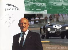 Stirling Moss signed 7x5 colour promotional Jaguar card.  Dedicated to John.