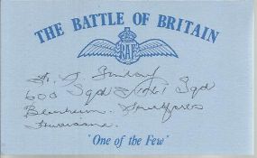 H S Imray 600 Sqn Battle of Britain signed index card. Good condition