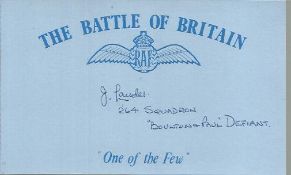 A J Lauder 264 sqn Defiants Battle of Britain signed index card. Good condition