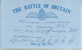O Hruby 111 Sqn Battle of Britain signed index card. Good condition