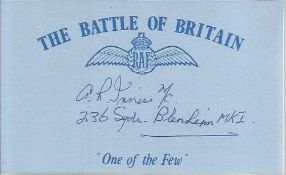 G R Inniss 236 Sqn Battle of Britain signed index card. Good condition