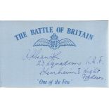A A Gawith 23 Sqn Battle of Britain signed index card. Good condition