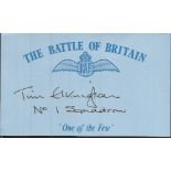 J F D Elkington 1 sqdn Battle of Britain signed index card. Good Condition