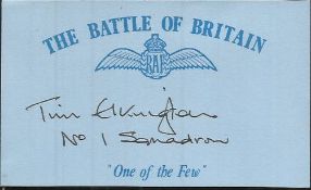 J F D Elkington 1 sqdn Battle of Britain signed index card. Good Condition