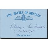 T N Hayes 600 sqdn Battle of Britain signed index card. Good Condition