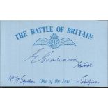E Graham 72 sqdn Battle of Britain signed index card. Good Condition