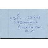 G W Benn 219 sqdn Battle of Britain signed index card. Good Condition