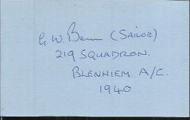 G W Benn 219 sqdn Battle of Britain signed index card. Good Condition