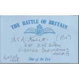 A T R Aslett 235 sqdn Battle of Britain signed index card. Good Condition