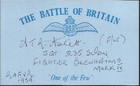 A T R Aslett 235 sqdn Battle of Britain signed index card. Good Condition