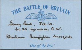 B Bent 25 sqdn Battle of Britain signed index card. Good Condition