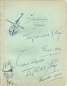 Ted Ray signed vintage autograph album page with really nice drawings and doodles, signed twice in