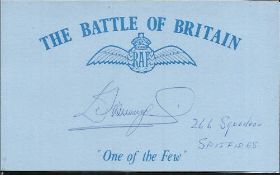T Armitage 266 sqdn Battle of Britain signed index card. Good Condition