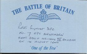 P Ayerst Battle of Britain signed index card. Good Condition