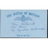 J Ellacombe 151 sqdn Battle of Britain signed index card. Good Condition