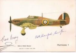 WW2 aces Battle of Britain Museum postcard of a Hurricane signed by two top fighter aces.  Air