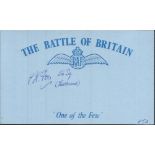 P Fox 56 sqdn Battle of Britain signed index card. Good Condition