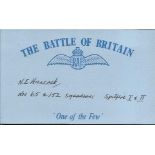 N E Hancock 65 and 152 sqdn Battle of Britain signed index card. Good Condition