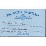 D H Hone 605 sqdn Battle of Britain signed index card. Good Condition