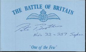 P Brothers 32 sqdn Battle of Britain signed index card. Good Condition