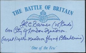 J G C Barnes 600 sqn Battle of Britain signed index card. Good Condition