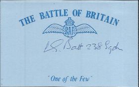 G Batt 238 sqdn Battle of Britain signed index card. Good Condition