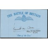 K M Carver 229 sqdn Battle of Britain signed index card. Good Condition
