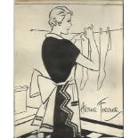 Arthur Ferrier signed 5 x 4 b/w pen and ink sketch of lady hanging up some socks, (1891