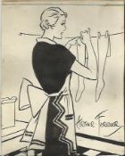 Arthur Ferrier signed 5 x 4 b/w pen and ink sketch of lady hanging up some socks, (1891