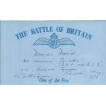 D David 87 sqdn Battle of Britain signed index card. Good Condition
