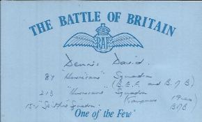 D David 87 sqdn Battle of Britain signed index card. Good Condition