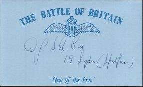 S R Cox 19 sqdn Battle of Britain signed index card. Good Condition