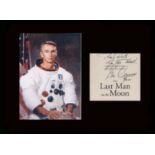 Apollo 17 Last Moonlanding. Signature of Eugene Cernan with WSS portrait. Professionally mounted