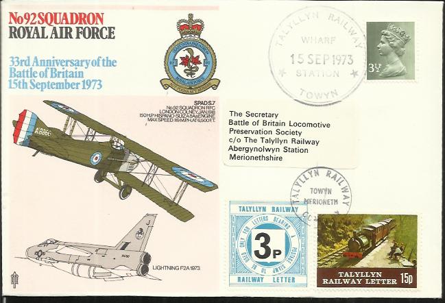 Rare Talyllyn Railway letter stamp 92 Sqn RAF cover, comm. 33rd Ann Battle of Britain cover. Good