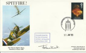 Air Cdre J Leathart DSO CO 54 Sqn Battle of Britain signed 1989 Duxford Spitfire cover. Good