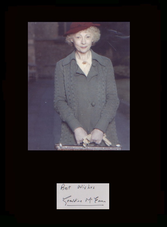 Geraldine McEwan as Miss Marple. Signature of Geraldine McEwan with a picture in character as Agatha