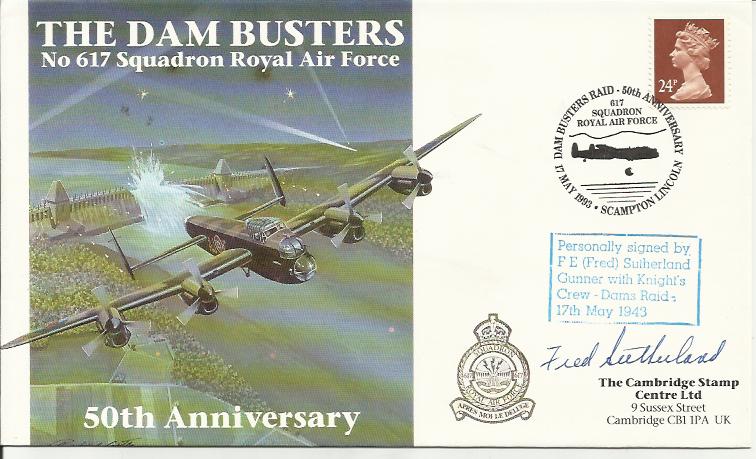 F E Fred Sutherland Dambuster Gunner Knights crew signed 50th ann Dambuster Raid cover. Good