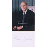 DeKlerk. 7”x5” with white card signed by Sir Trevor McDonald who reported on the release of